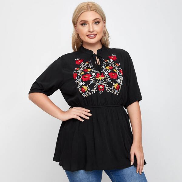 

Plus Floral Embroidered Tunic Blouse, Black
