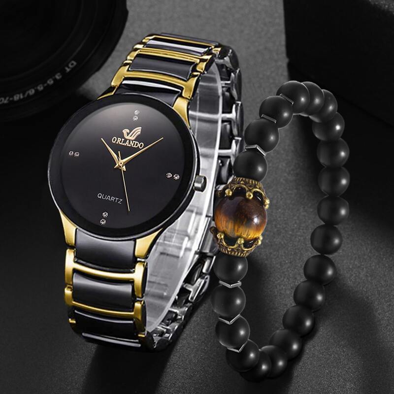 

1pc Guys Rhinestone Decor Quartz Watch & 1pc Beaded Bracelet