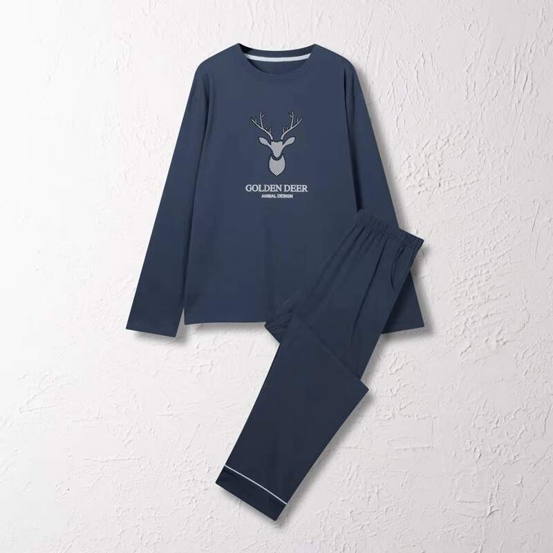 

Guys Letter Graphic Tee With Pants PJ Set, Navy blue