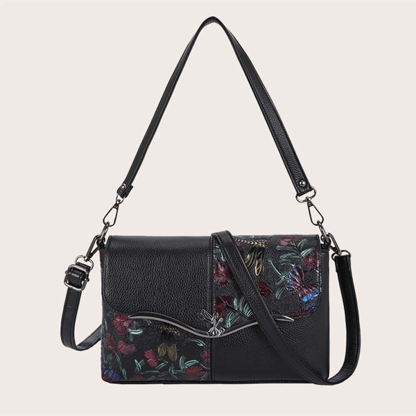 

Floral Graphic Flap Shoulder Bag, Black