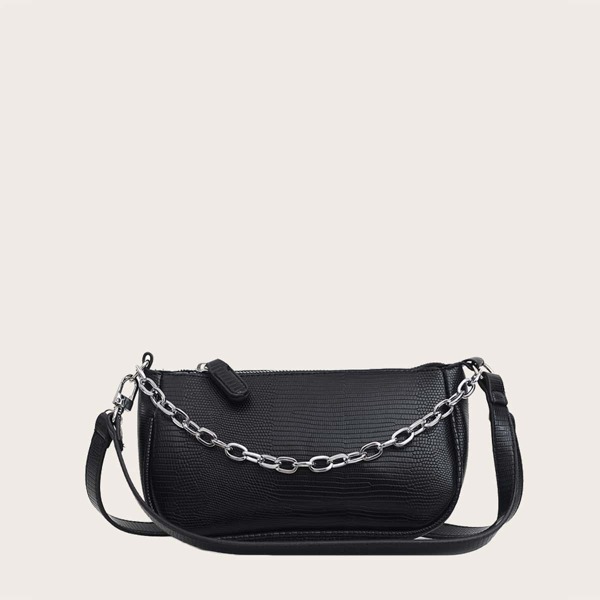 

Girls Chain Decor Lizard Baguette Bag, Black