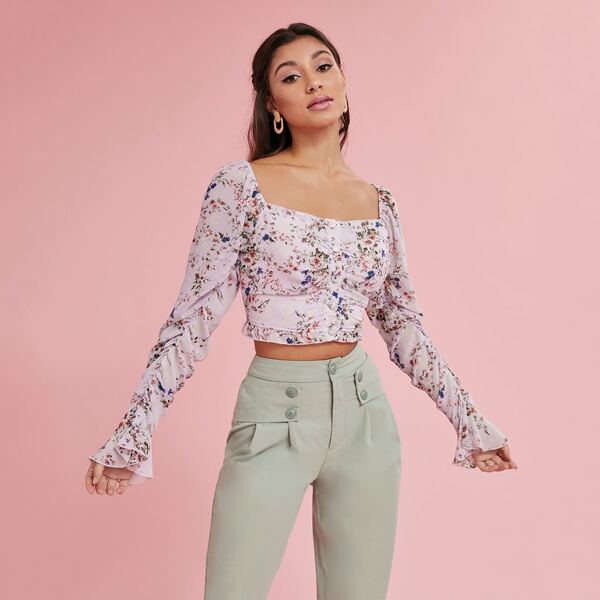

Ruched Detail Flounce Sleeve Crop Top, Multicolor