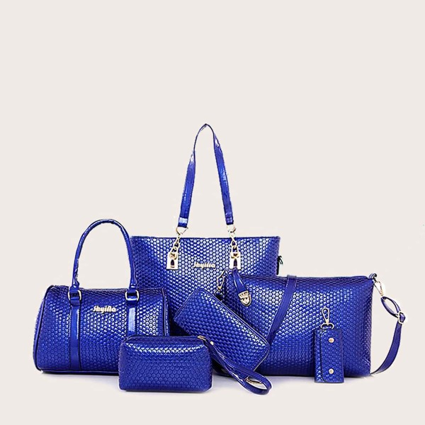 

6pcs Geometric Embossed Tote Bag Set, Blue bright