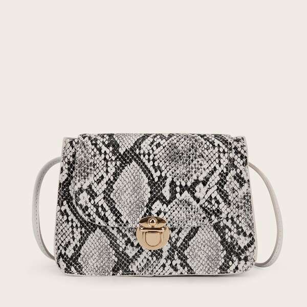 

Snakeskin Print Push Lock Flap Crossbody Bag, Grey
