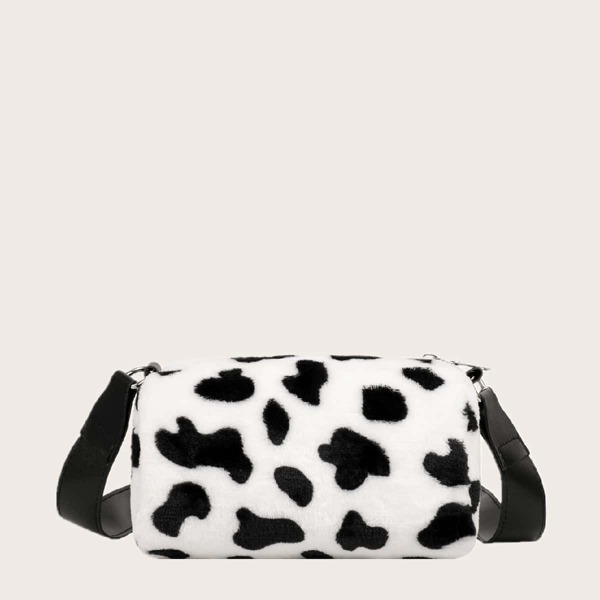 

Cow Pattern Fluffy Crossbody Bag, Black and white