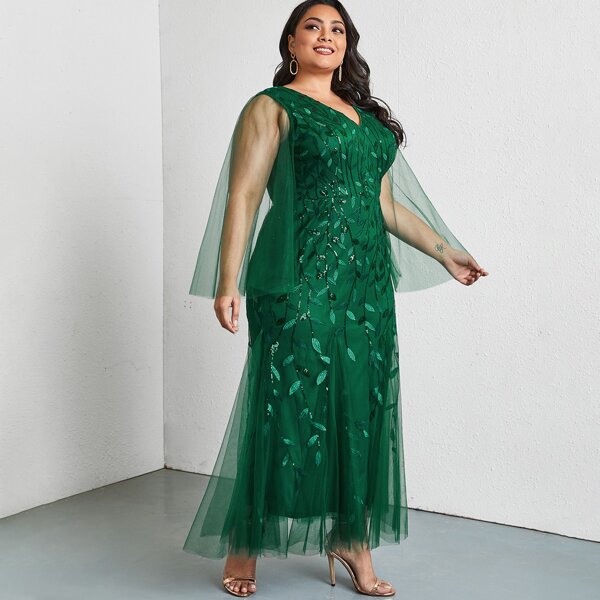 

Plus Contrast Sequin Embroidered Dress, Green