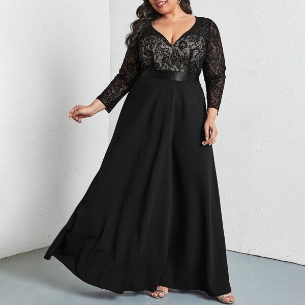 

Plus Lace Bodice Rhinestone Dress, Black
