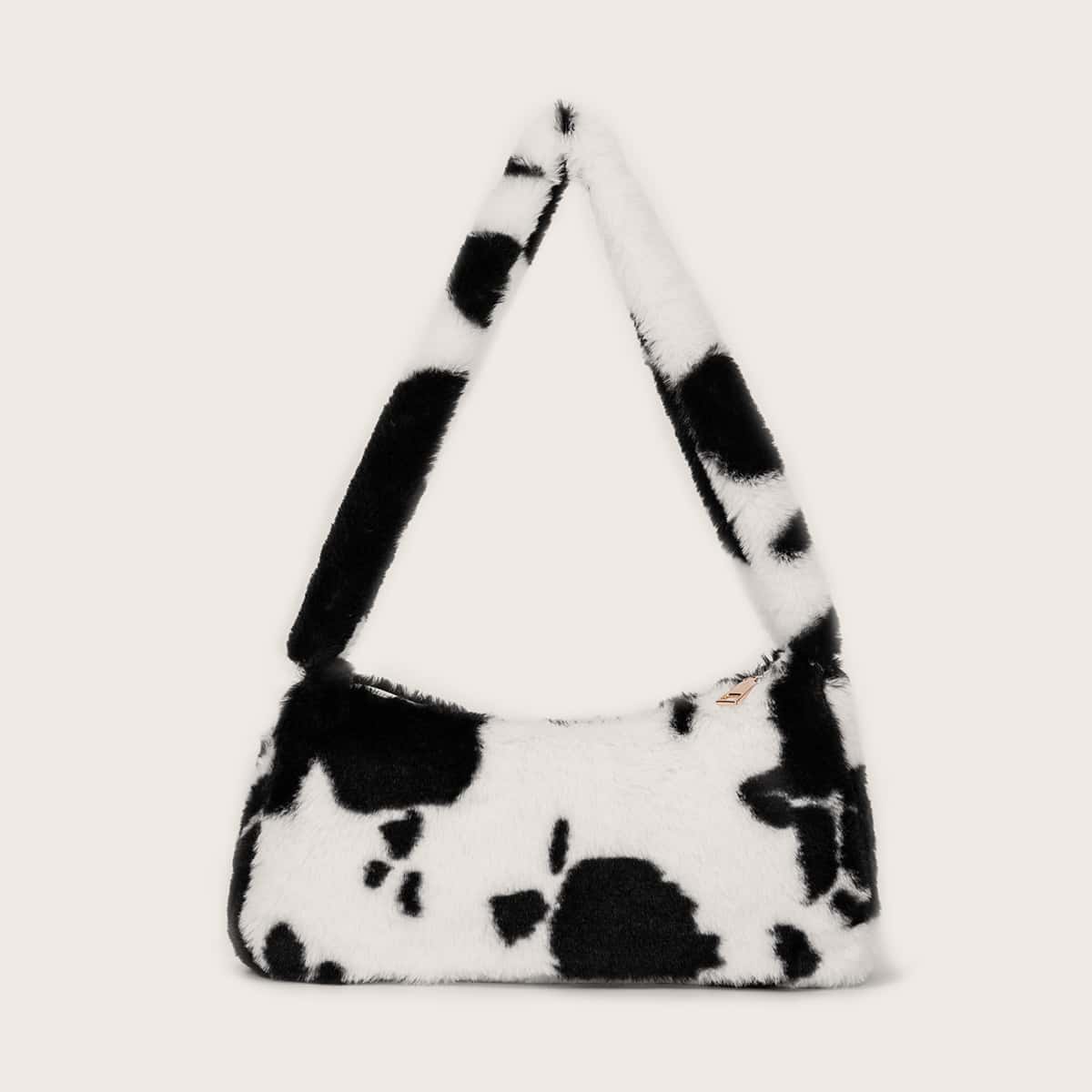 

Fluffy Cow Pattern Shoulder Bag, Black and white