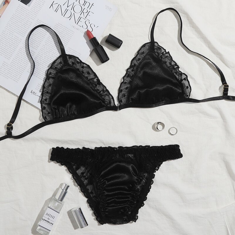 

Contrast Mesh Frill Trim Satin Lingerie Set, Black