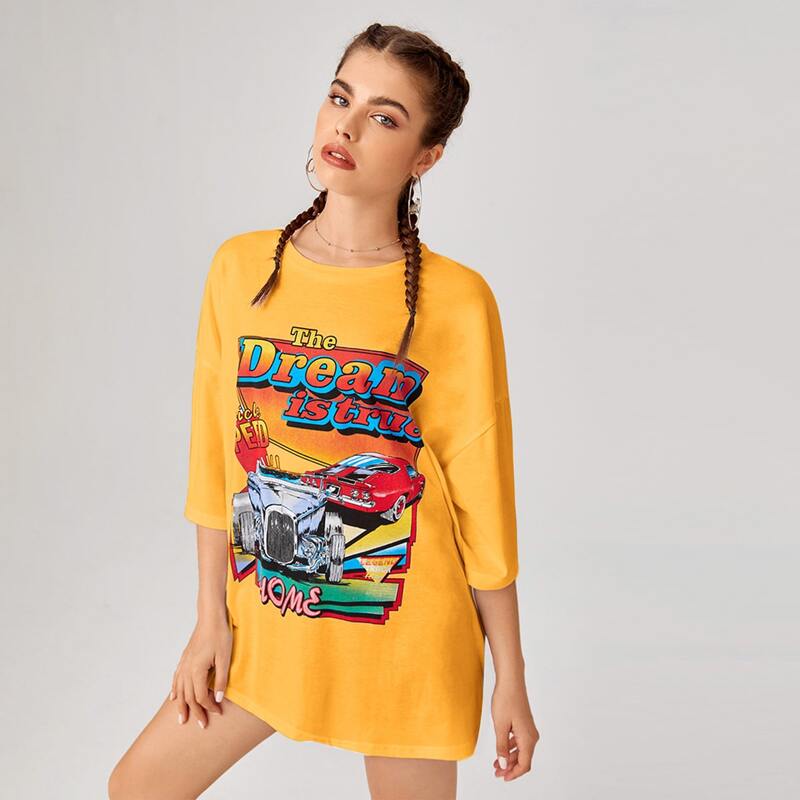 

Car & Letter Graphic Oversized Tee, Yellow