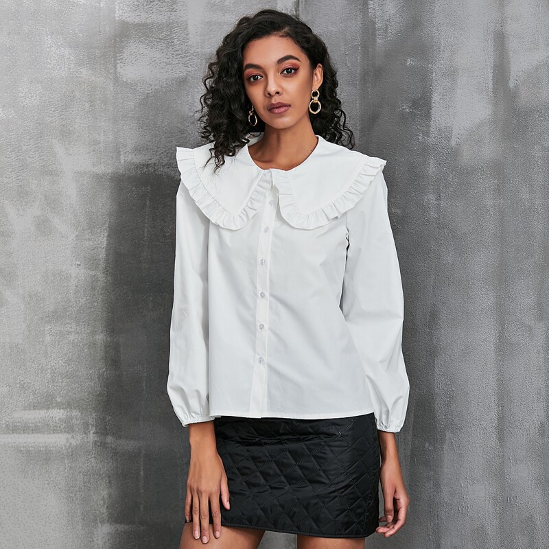 

Statement Collar Lantern Sleeve Solid Blouse, White