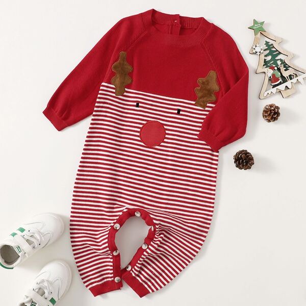 

Baby Girl Christmas Deer Embroidery Striped Knit Jumpsuit, Red and white