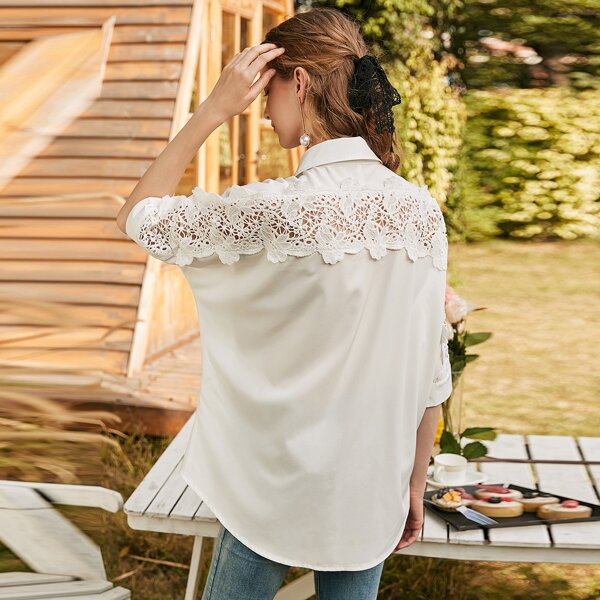 

Contrast Guipure Lace High Low Blouse, White