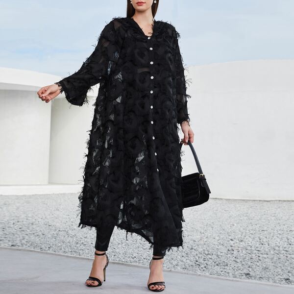 

Fuzzy Button Front Hooded Kimono, Black