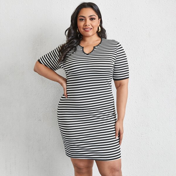 

Plus Striped Notch Neck Dress, Black and white