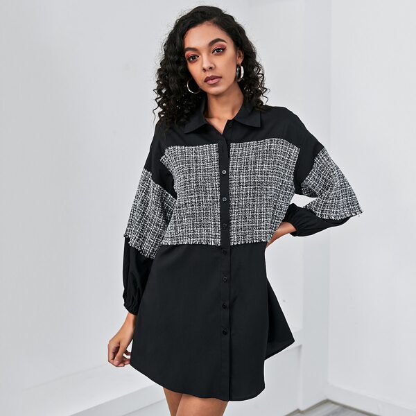 

Lantern Sleeve Colorblock Plaid Shirt Dress, Black