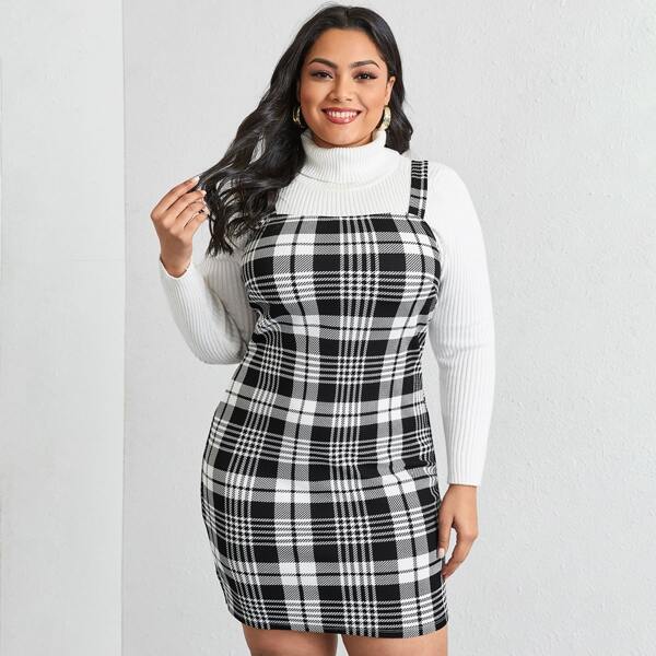 

Plus Plaid Overall Dress, Black and white