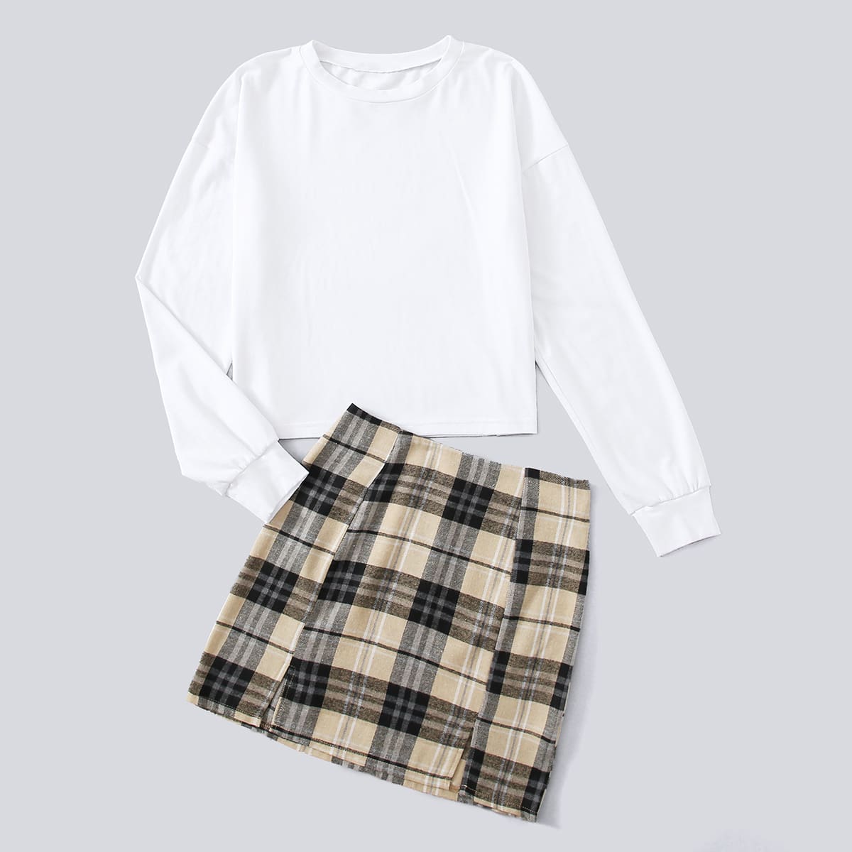 

Solid Drop Shoulder Tee & Plaid Split Skirt, Multicolor