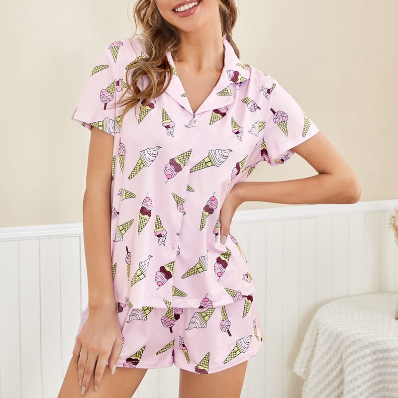 

Cartoon Graphic Lapel Neck PJ Set, Baby pink