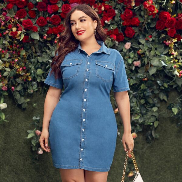 

Plus Flap Pockets Button Front Shirt Denim Dress, Medium wash