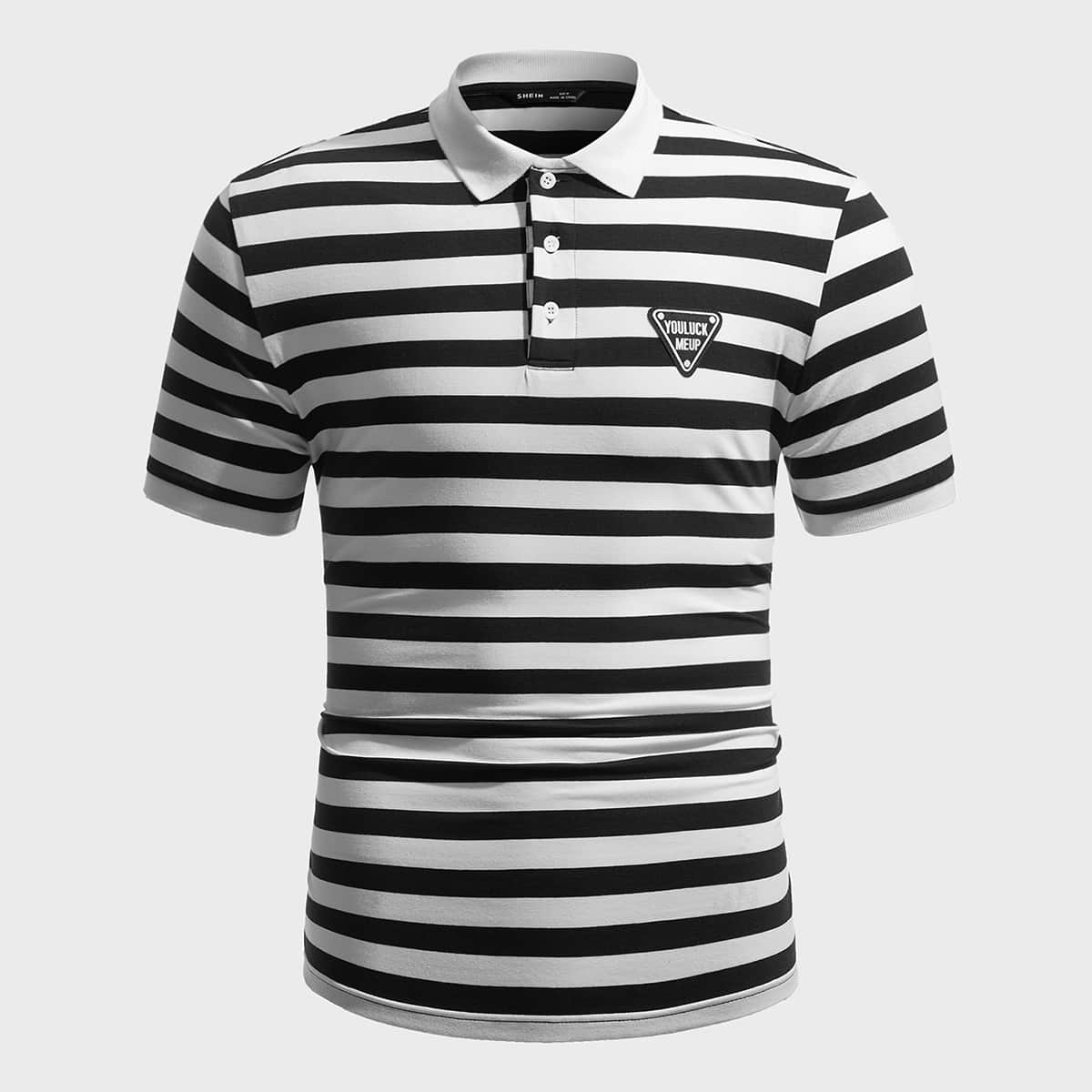 

Guys Patch Detail Stripe Polo Shirt, Black and white
