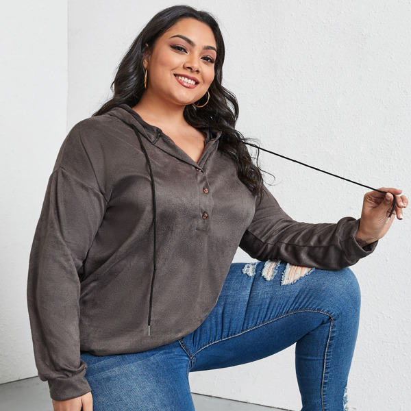 

Plus Half Button Drawstring Hoodie, Grey