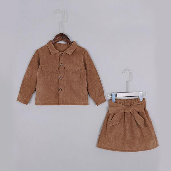 

Toddler Girls Corduroy Button Up Shirt & Belted Skirt, Brown