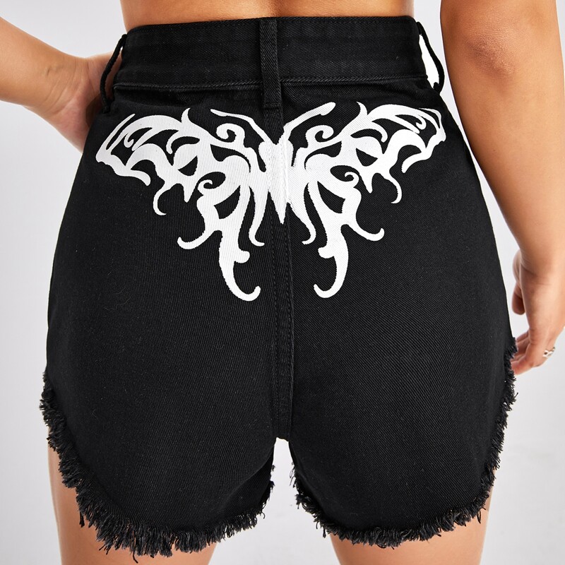

Butterfly Print Raw Hem Denim Shorts, Black