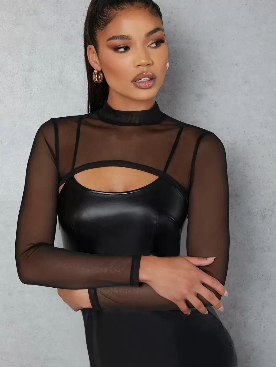 SHEIN BAE 小高領超短版網紗上衣