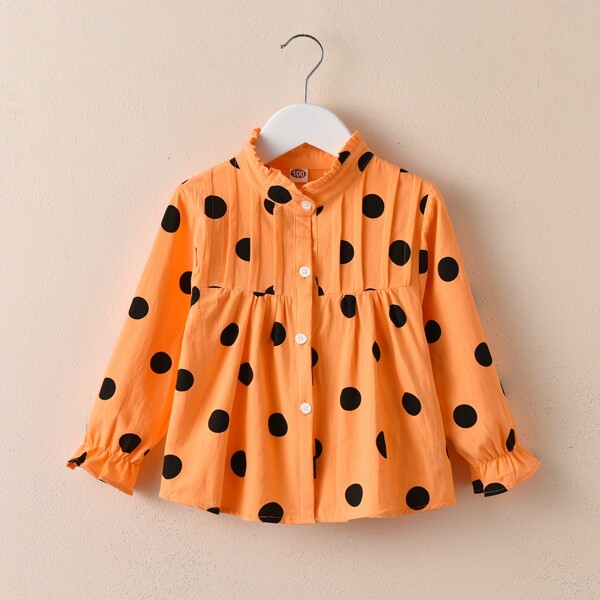 

Toddler Girls Frill Neck Polka Dot Blouse, Orange