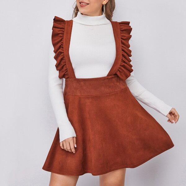 

Plus Suede Ruffle Trim Overall Dress, Rust brown