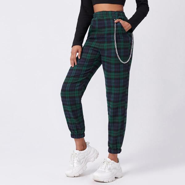 

Tartan Plaid Chain Detail Crop Sweatpants, Multicolor