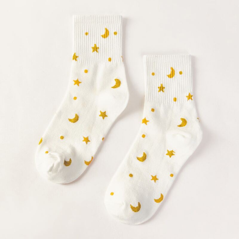 

1pair Star & Moon Print Socks, White