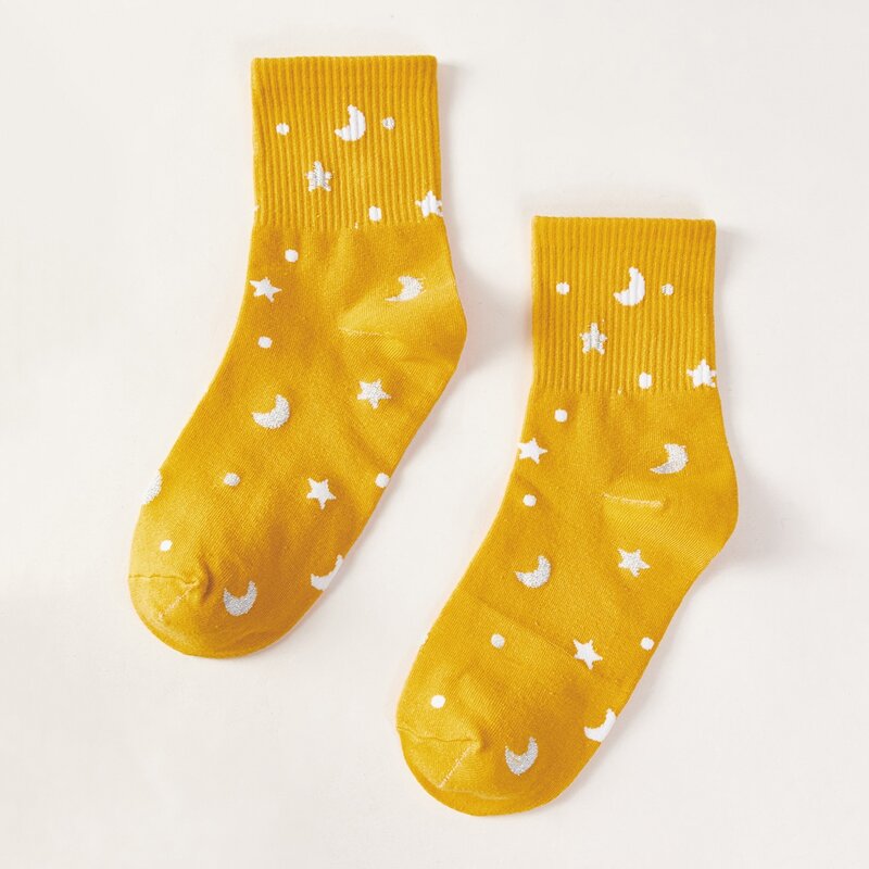 

1pair Star & Moon Pattern Crew Socks, Yellow