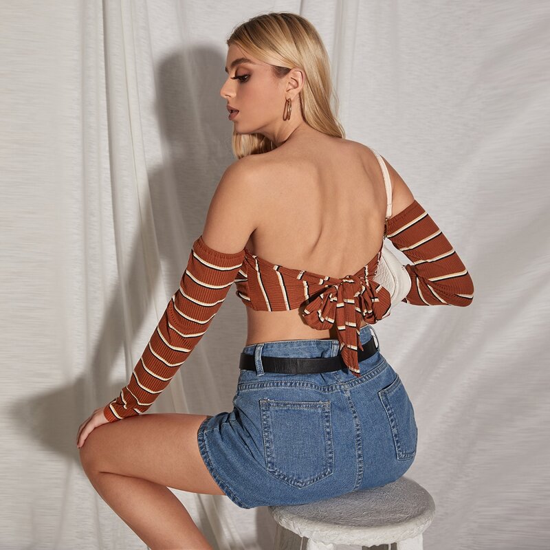

Off Shoulder Tie Back Striped Rib-knit Crop Top, Multicolor