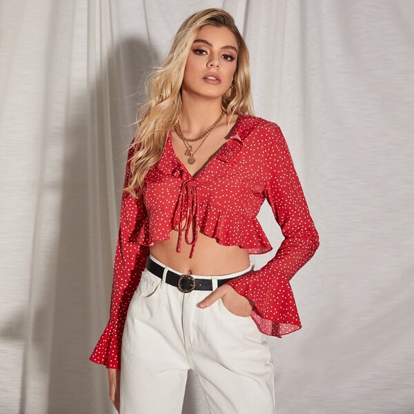 

Bell Sleeve Ruffle Trim Tie Front Polka Dot Crop Top, Red