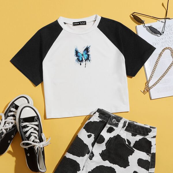 

Butterfly Print Baseball Crop Tee, White