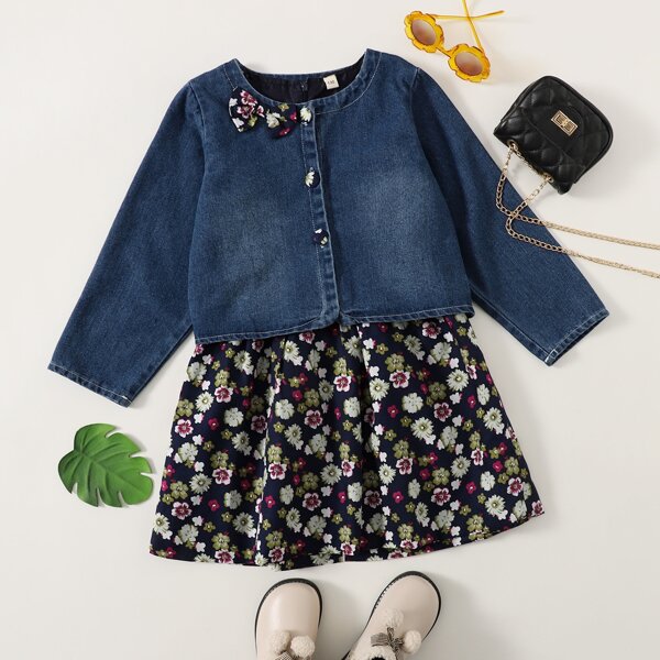 

Girls Floral Print Dress With Bow Front Denim Jacket, Multicolor