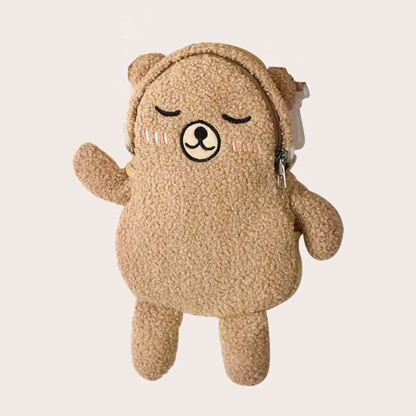 

Girls Cartoon Design Faux Shearling Crossbody Bag, Khaki