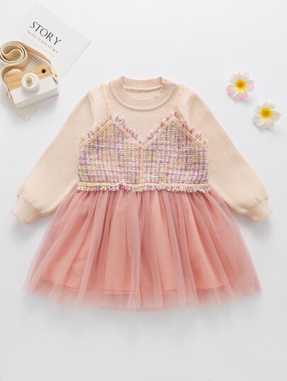 فساتين صوفي للبنات الصغار شبكة المتباين حاجز اللون كاجوال