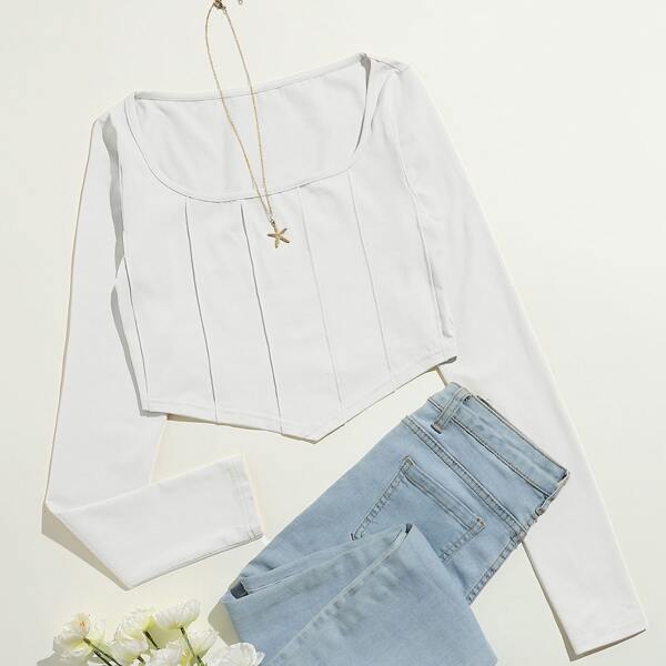 

Solid Scoop Neck Seam Crop Tee, White