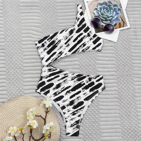 

Brush Print Cut-out One Shoulder One Piece Swimsuit, Black and white