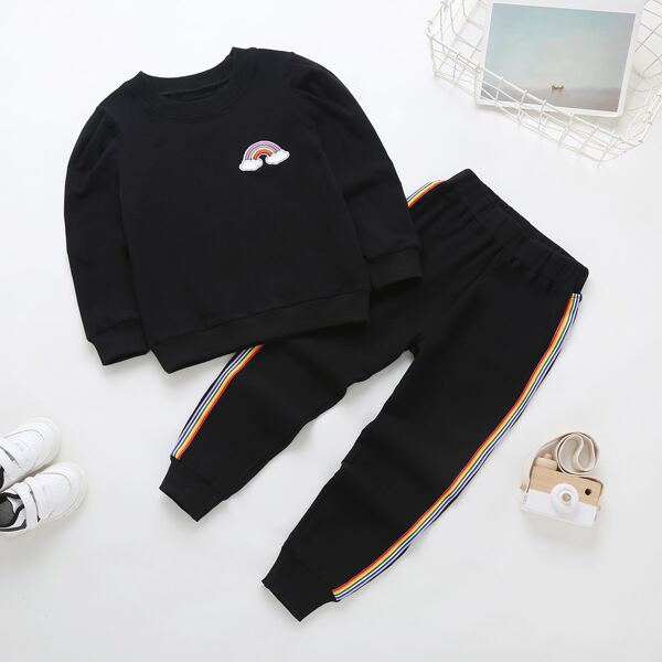 

Toddler Girls Cartoon Patched Sweatshirt With Rainbow Striped Tape Sweatpants, Black