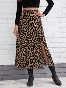 SHEIN Clasi Zipper Side Split Thigh Leopard Skirt - Multicolor - View 4