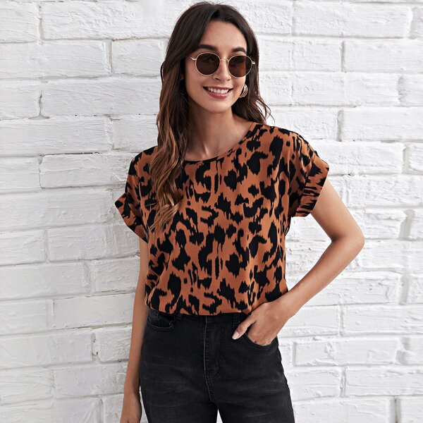 

Allover Print Cuffed Sleeve Top, Multicolor