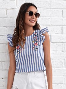 SHEIN VCAY Ruffle Armhole Embroidery Floral Striped Top - Blue and White - View 3