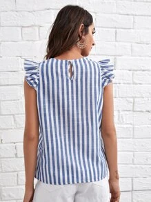 SHEIN VCAY Ruffle Armhole Embroidery Floral Striped Top - Blue and White - View 2