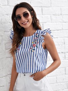SHEIN VCAY Ruffle Armhole Embroidery Floral Striped Top - Blue and White - View 1