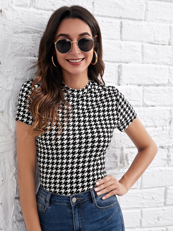 SHEIN Clasi Mock Neck Houndstooth Print Tee