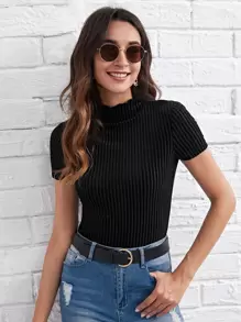 SHEIN Privé Lettuce Trim Mock Neck Rib-knit Velvet Tee - Black - View 3